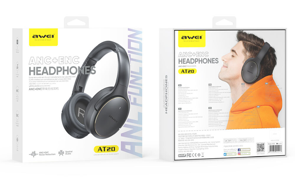 Opakowanie słuchawek AWEI AT20 ANC w kolorze czarnym z widocznym logo \'awei\' i napisem \'ANC+ENC HEADPHONES\'. Na odwrocie opakowania znajduje się zdjęcie osoby noszącej słuchawki oraz szczegóły techniczne produktu.