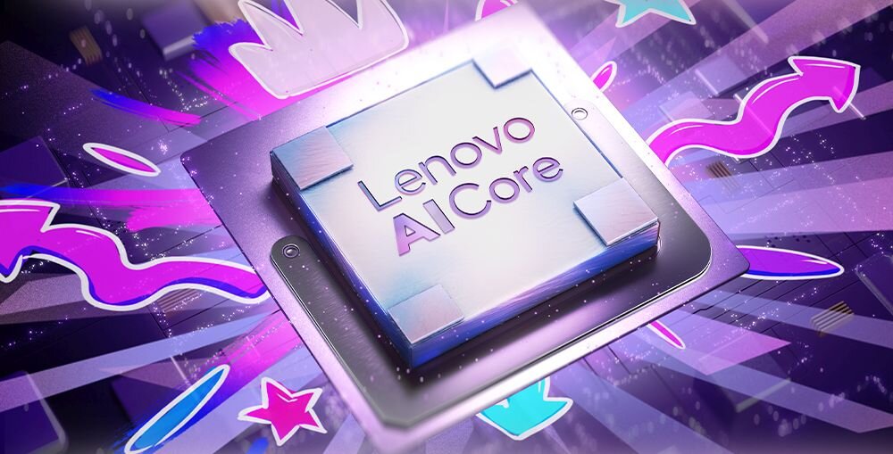 Obraz przedstawia procesor z napisem \'Lenovo AI Core\' otoczony kolorowymi strzałkami i gwiazdkami na fioletowym tle.