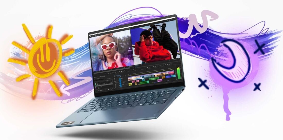 Laptop z otwartym ekranem, na którym widoczne są kolorowe obrazy i interfejs edytora wideo. W tle znajdują się kolorowe grafiki przedstawiające słońce i księżyc.
