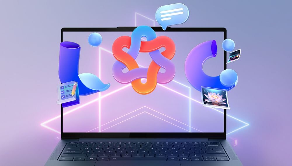 Na obrazie widoczny jest laptop z kolorowymi, abstrakcyjnymi kształtami unoszącymi się nad ekranem. W tle widać neonowe linie tworzące geometryczne wzory.