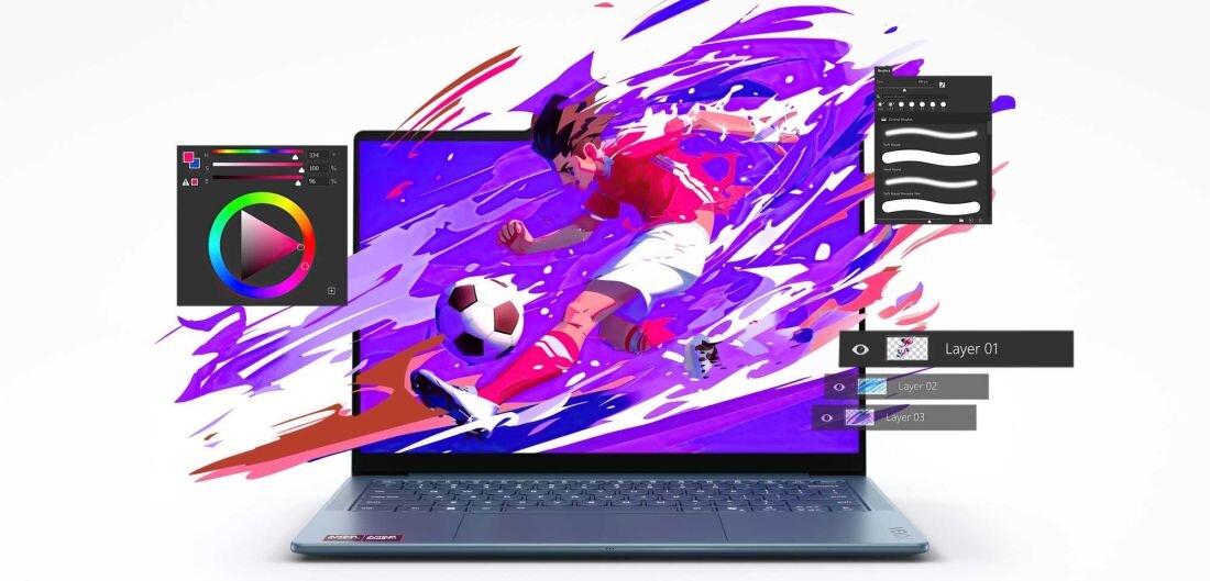 Na ekranie laptopa widoczna jest dynamiczna grafika przedstawiająca piłkarza w czerwonym stroju kopiącego piłkę, otoczonego kolorowymi pociągnięciami pędzla. Obok ekranu znajdują się elementy interfejsu graficznego, takie jak koło kolorów i panele warstw z tekstem \'Layer 01\', \'Layer 02\', \'Layer 03\'.