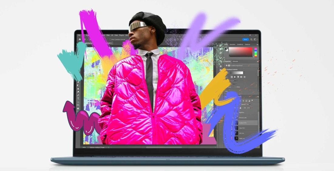 Obraz przedstawia laptop z kolorowym ekranem, na którym widoczna jest postać w różowej kurtce i okularach. Wokół postaci znajdują się kolorowe pociągnięcia pędzla i elementy graficzne.