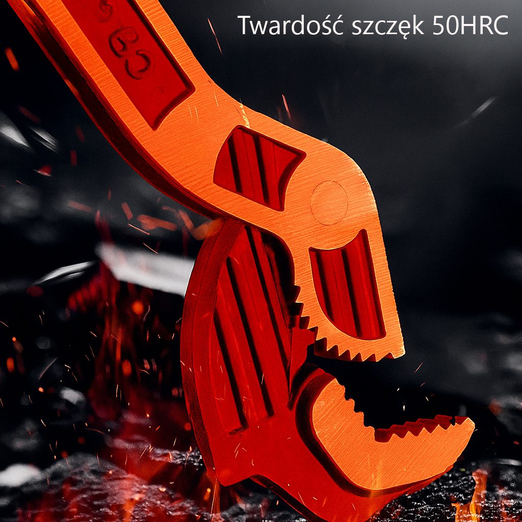 Obraz przedstawia samozaciskowy klucz do rur w kolorze pomarańczowym, z widocznymi zębami szczęk. Na górze obrazu znajduje się tekst: \'Twardość szczęk 50HRC\'.