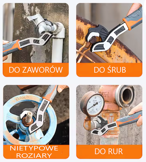 Obraz przedstawia cztery zdjęcia narzędzia samozaciskowego używanego do różnych zastosowań: do zaworów, do śrub, nietypowe rozmiary i do rur. Każde zdjęcie ma pomarańczowy pasek z odpowiednim napisem: \'DO ZAWORÓW\', \'DO ŚRUB\', \'NIETYPOWE ROZMIARY\', \'DO RUR\'.