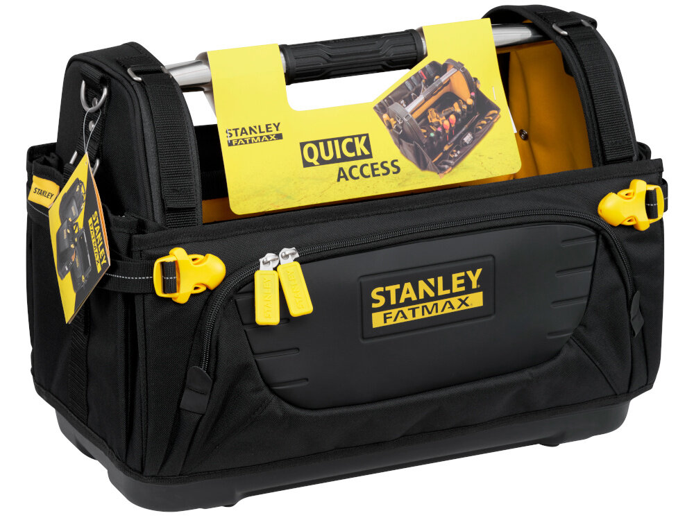 Torba narzędziowa STANLEY Fatmax Quick Access FMST1-80146 torba na białym tle widoczna od przodu pod skosem porządek szybki dostęp do narzędzi otwarta konstrukcja przemyślany układ kieszeni