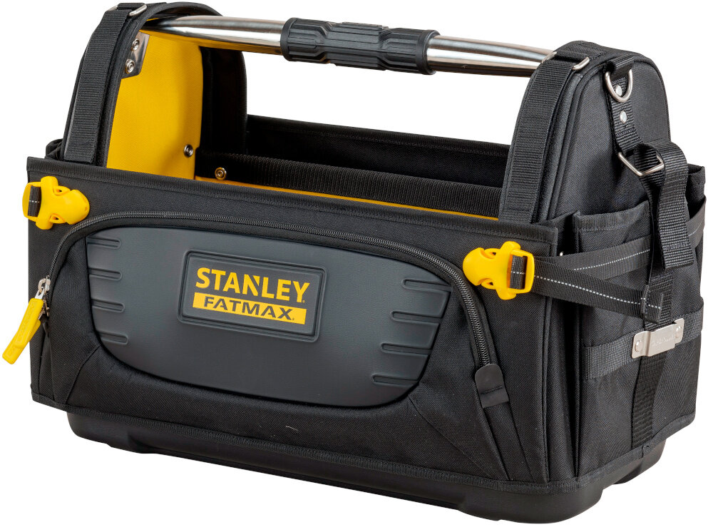 Torba narzędziowa STANLEY Fatmax Quick Access FMST1-80146 torba na białym tle widoczna od przodu pod skosem do codziennych zadań w warsztacie i do pracy w terenie udźwig do 25 kg wzmocnione panele solidna konstrukcja nitowana redukują ryzyko odkształceń dla profesjonalistów i majsterkowiczów