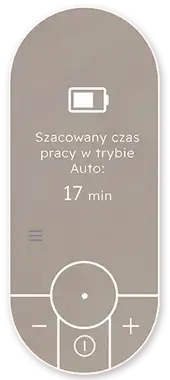 Panel sterowania z wyświetlaczem pokazującym ikonę baterii i tekst: \'Szacowany czas pracy w trybie Auto: 17 min\'.