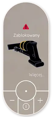 Na ekranie widoczny jest symbol ostrzegawczy z tekstem \'Zablokowany\' oraz ilustracja części odkurzacza. Poniżej znajduje się napis \'Więcej...\'.
