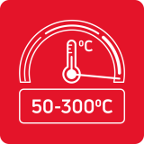 Czerwony kwadrat z białą grafiką termometru i napisem \'30-280°C\'.