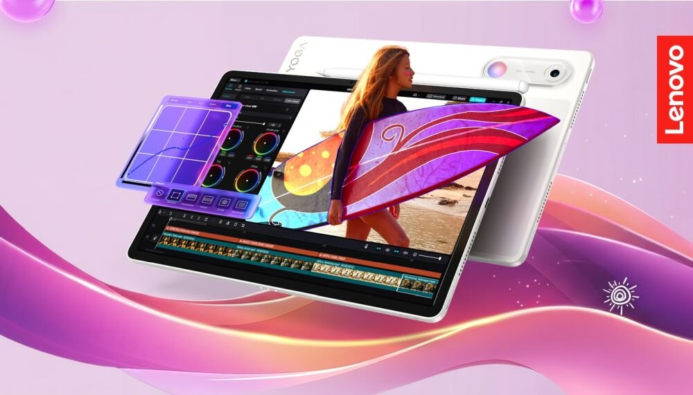 Obraz przedstawia tablet z wyświetlaczem pokazującym aplikację do edycji wideo z kolorowymi grafikami. W tle widoczne jest logo Lenovo na czerwonym tle.