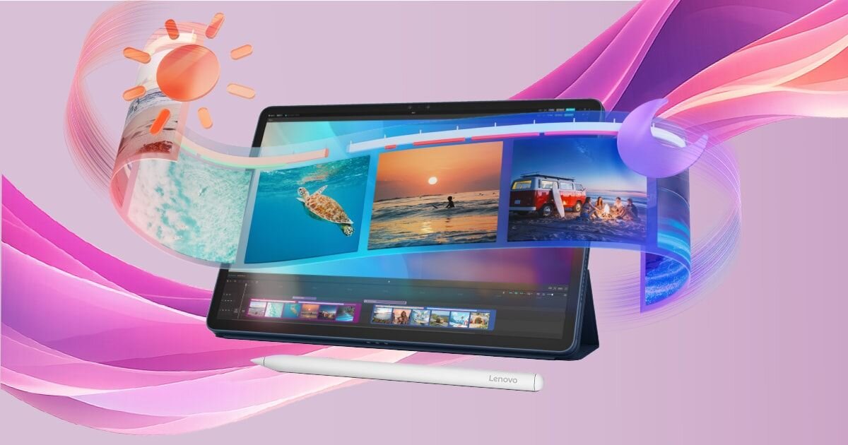 Obraz przedstawia tablet z wyświetlanymi kolorowymi zdjęciami i grafikami, obok którego leży biały rysik z napisem \'Lenovo\'. W tle widoczne są abstrakcyjne, kolorowe fale i symbol słońca.