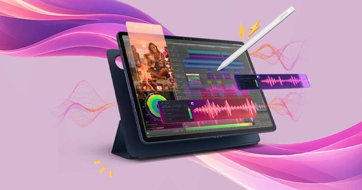 Tablet z wyświetlaczem pokazującym aplikację do edycji muzyki, obok którego unosi się rysik z napisem \'Lenovo\'. W tle widoczne są kolorowe fale i efekty graficzne.