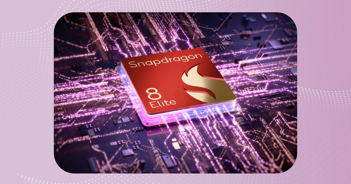 Obraz przedstawia procesor z napisem \'Snapdragon 8 Elite\' na tle płyty głównej z widocznymi ścieżkami elektrycznymi i efektami świetlnymi.
