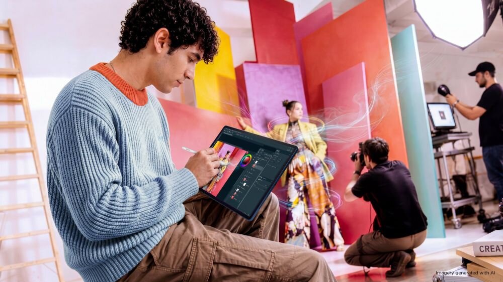 Osoba trzyma tablet z rysikiem, na którym widoczny jest program graficzny. W tle odbywa się sesja fotograficzna z modelką i fotografem.