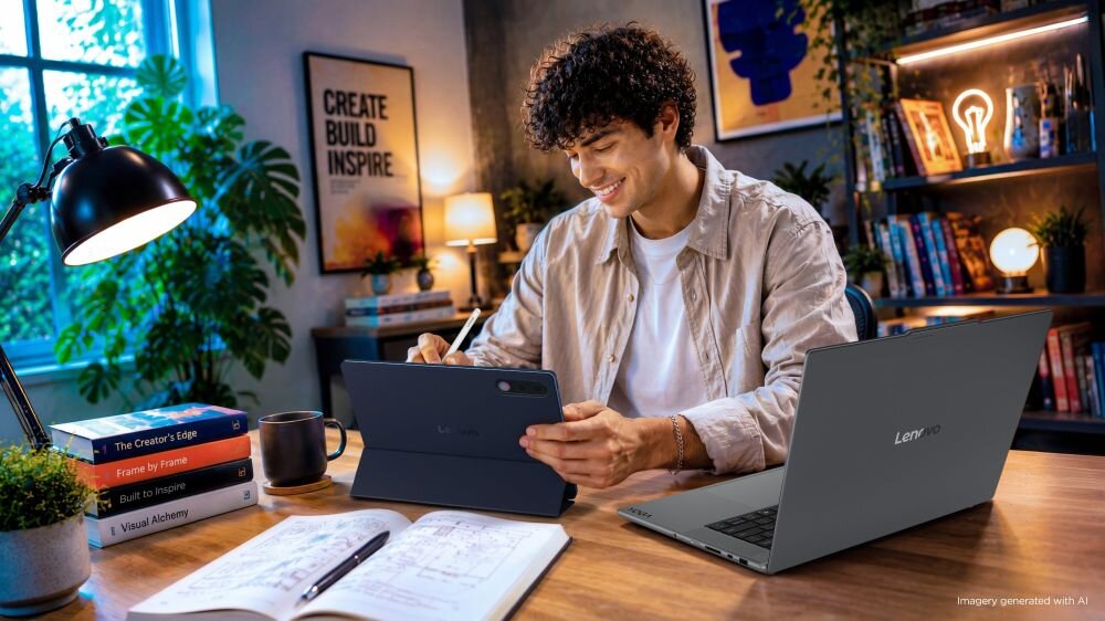 Osoba siedzi przy biurku, używając tabletu z rysikiem, obok znajduje się otwarty laptop z logo \'Lenovo\'. Na biurku leżą książki, notatnik i lampa, a w tle widać rośliny i plakaty z napisami \'CREATE BUILD INSPIRE\'.