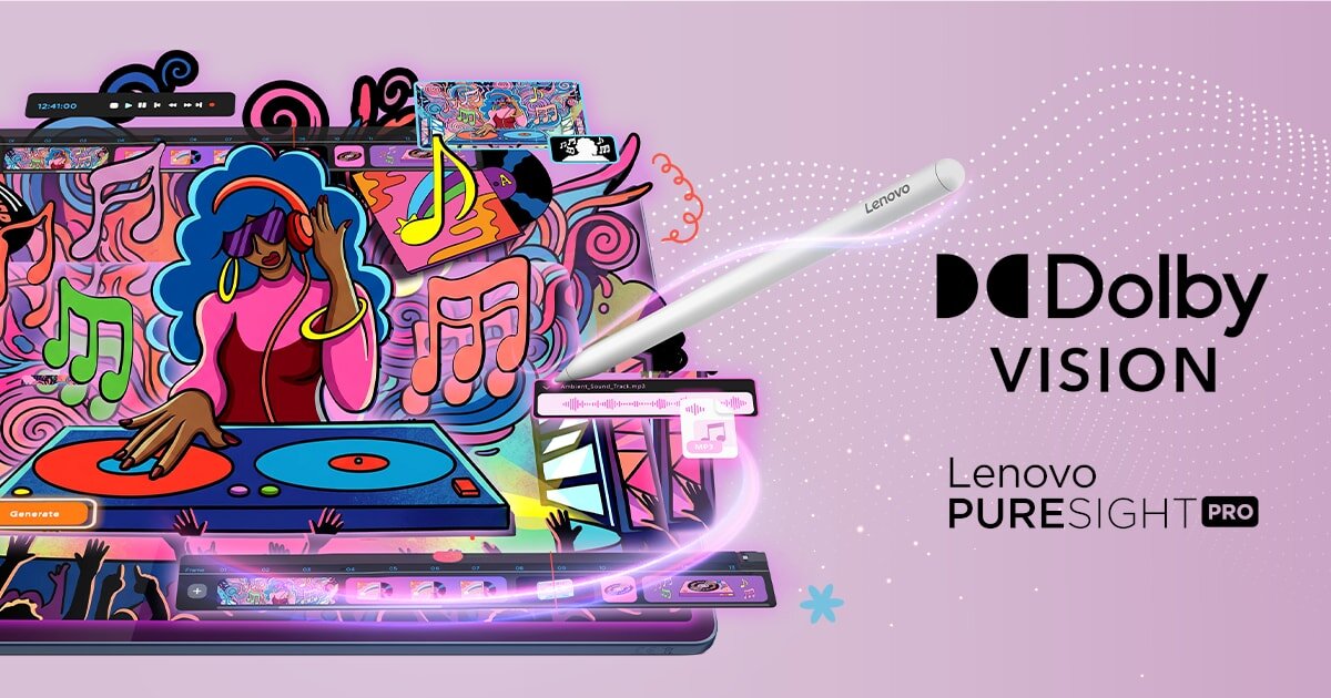 Kolorowa ilustracja przedstawia DJ-a przy konsolecie z muzycznymi motywami wokół. Obok znajduje się biały rysik z napisem \'Lenovo\', a po prawej widoczne są napisy \'Dolby Vision\' i \'Lenovo PURESIGHT PRO\'.