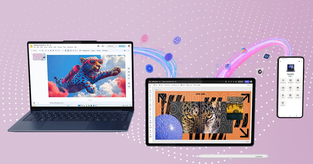 Na obrazie widoczne są trzy urządzenia elektroniczne: laptop, tablet i smartfon na tle różowego gradientu z białymi kropkami. Tablet wyświetla grafikę z napisem \'MOODBOARD\', a obok niego znajduje się rysik z napisem \'Lenovo\'.