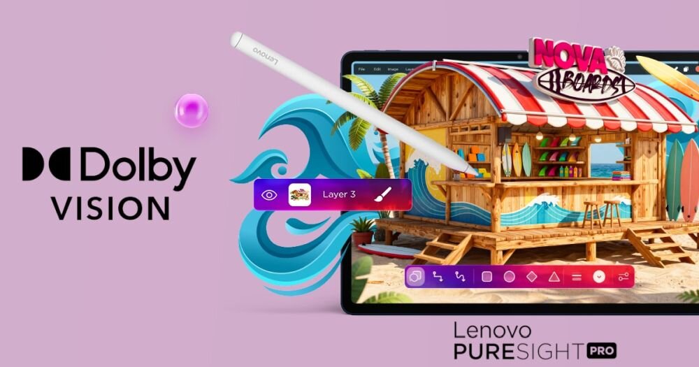 Obraz przedstawia tablet z kolorowym wyświetlaczem, na którym widoczna jest grafika drewnianej chatki z deskami surfingowymi. Obok tabletu znajduje się rysik z napisem \'Dolby Vision\' oraz logo \'Lenovo Puresight Pro\'.