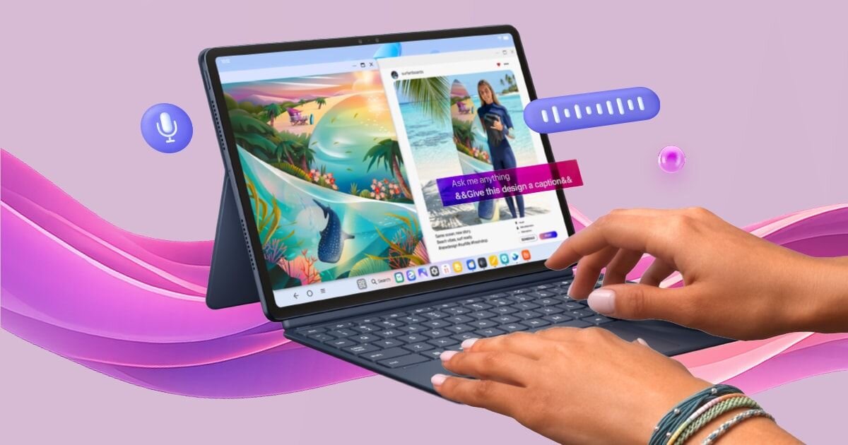 Tablet z klawiaturą i rysikiem, na ekranie widoczne są kolorowe grafiki oraz interfejs aplikacji. W tle różowe fale, a na pierwszym planie dłonie obsługujące urządzenie.