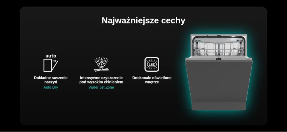 Grafika przedstawia zmywarkę oraz trzy ikony z opisami: \'Dokładne suszenie naczyń Auto Dry\', \'Intensywne czyszczenie pod wysokim ciśnieniem Water Jet Zone\', \'Doskonałe oświetlone wnętrze\'.