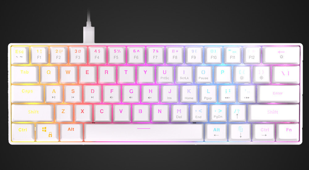 Biała klawiatura z podświetleniem RGB, posiadająca kompaktowy układ klawiszy. Widoczny jest kabel podłączony do górnej części klawiatury.