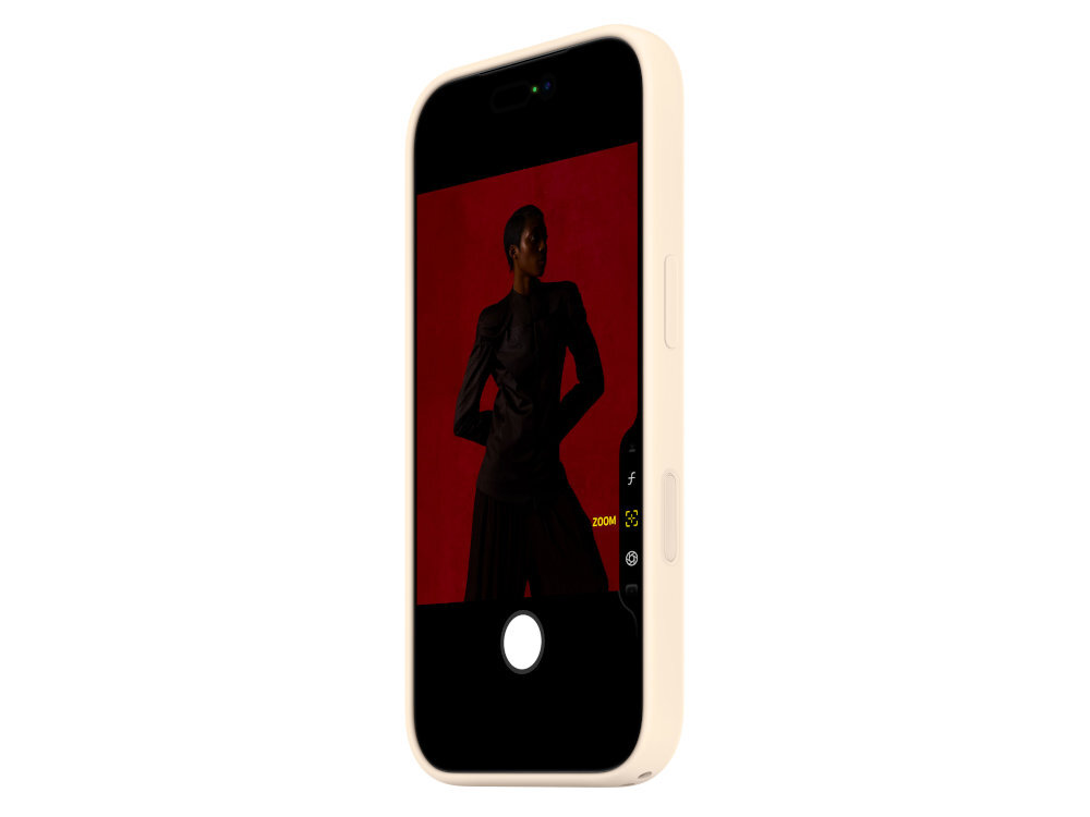 Etui w kolorze waniliowym na telefon, z widocznym ekranem przedstawiającym osobę na czerwonym tle. Na ekranie widoczne są ikony aparatu i napis \'ZOOM\'.