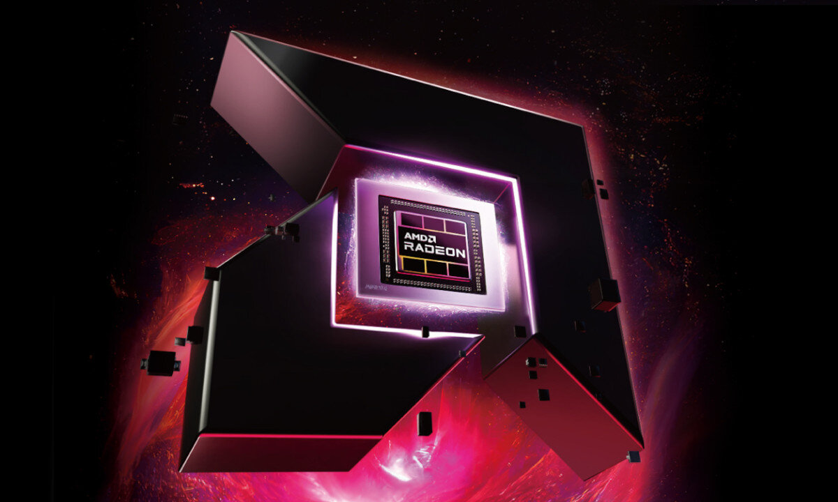 Obraz przedstawia stylizowane logo AMD Radeon na tle kosmicznej mgławicy. W centrum widoczny jest napis \'AMD RADEON\'.