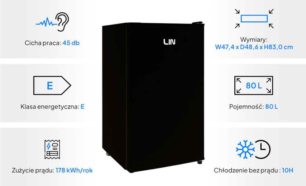 Czarna zamrażarka z logo \'LIN\' na froncie, otoczona ikonami i tekstem informującym o jej cechach: cicha praca 45 db, klasa energetyczna E, zużycie prądu 178 kWh/rok, wymiary W47,4 x D48,6 x H83,0 cm, pojemność 80 L, chłodzenie bez prądu 10H.