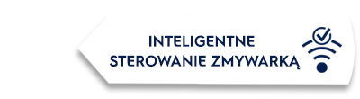 Grafika przedstawia biały prostokąt z tekstem \'INTELIGENTNE STEROWANIE ZMYWARKĄ\' oraz ikoną symbolizującą sygnał bezprzewodowy i zaznaczenie wyboru.