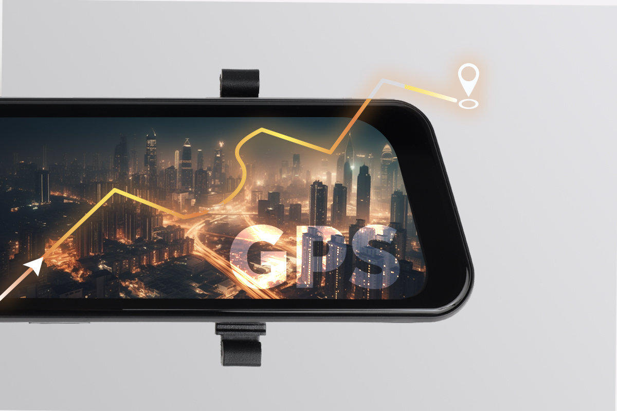 Obraz przedstawia ekran urządzenia z widokiem na miasto nocą, z nałożoną żółtą linią i symbolem lokalizacji. Na ekranie widoczny jest napis \'GPS\'.