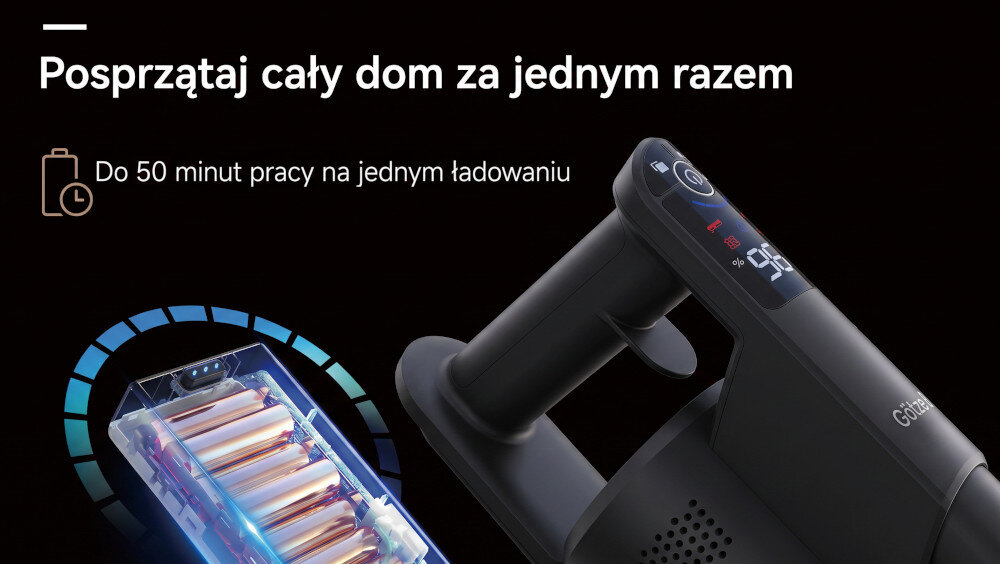 Obraz przedstawia fragment odkurzacza pionowego z wyświetlaczem i uchwytem. Widoczny jest tekst: \'Posprzątaj cały dom za jednym razem\' oraz \'Do 50 minut pracy na jednym ładowaniu\'.