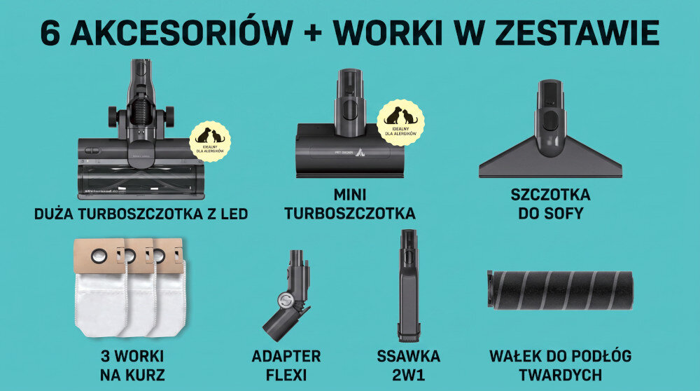 Obraz przedstawia sześć akcesoriów i worki w zestawie do odkurzacza. Widoczne są: duża turboszczotka z LED, mini turboszczotka, szczotka do sofy, 3 worki na kurz, adapter flexi, ssawka 2w1 oraz wałek do podłóg twardych.