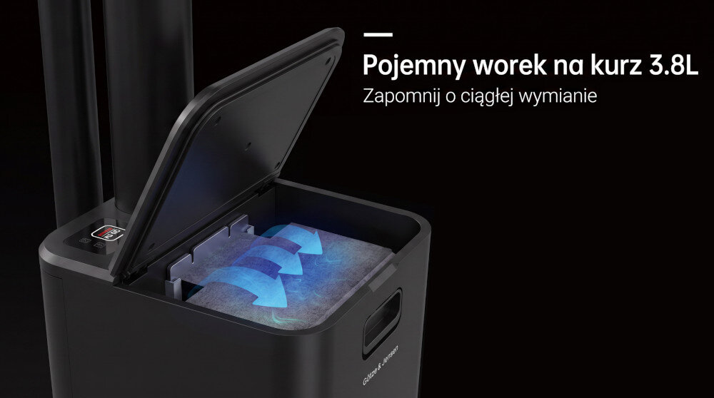 Obraz przedstawia otwarty pojemnik z workiem na kurz o pojemności 3.8L z napisem \'GÖTZE & JENSEN\'. Obok znajduje się tekst: \'Pojemny worek na kurz 3.8L Zapomnij o ciągłej wymianie\'.