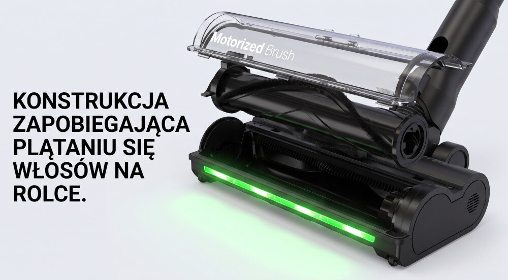 Obraz przedstawia część odkurzacza z napisem \'Motorized Brush\' oraz tekstem: \'KONSTRUKCJA ZAPOBIEGAJĄCA PLĄTANIU SIĘ WŁOSÓW NA ROLCE.\'.