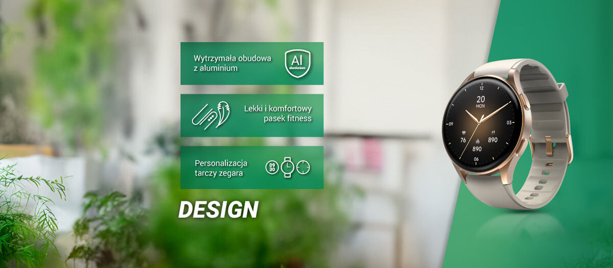 Obraz przedstawia smartwatch z okrągłą tarczą i złoto-beżowym paskiem. Obok znajdują się napisy: \'Wytrzymała obudowa z aluminium\', \'Lekki i komfortowy pasek fitness\', \'Personalizacja tarczy zegara\'.