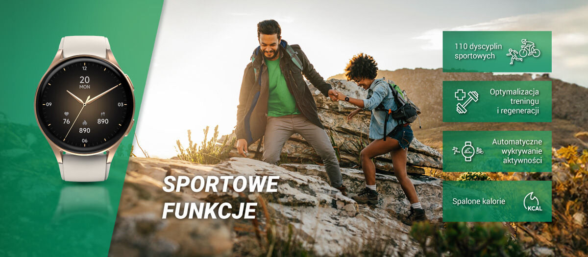Obraz przedstawia smartwatch z okrągłą tarczą i złoto-beżowym paskiem, obok którego znajduje się napis \'SPORTOWE FUNKCJE\'. Po prawej stronie widoczne są ikony i teksty: \'110 dyscyplin sportowych\', \'Optymalizacja treningu i regeneracji\', \'Automatyczne wykrywanie aktywności\', \'Spalone kalorie\'.