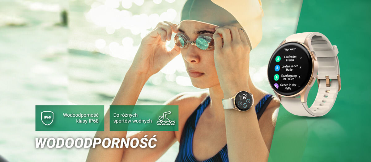 Osoba w stroju pływackim zakłada okulary, obok widoczny jest smartwatch z okrągłym wyświetlaczem. Na obrazie znajduje się tekst: \'Wodoodporność klasy IP68\', \'Do różnych sportów wodnych\', \'WODOODPORNOŚĆ\'.
