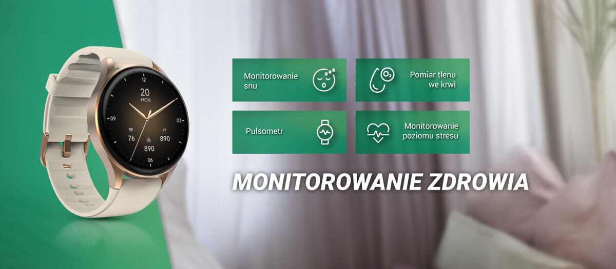 Obraz przedstawia smartwatch z okrągłą tarczą i złoto-beżowym paskiem. Obok znajdują się ikony z napisami: \'Monitorowanie snu\', \'Pulsometr\', \'Pomiar tlenu we krwi\', \'Monitorowanie poziomu stresu\' oraz tekst \'MONITOROWANIE ZDROWIA\'.