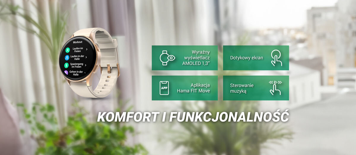 Na obrazie widoczny jest smartwatch w kolorze złoto-beżowym z wyświetlaczem pokazującym listę wiadomości. Obok znajdują się cztery zielone ikony z tekstami: \'Wyraźny wyświetlacz AMOLED 1,3\