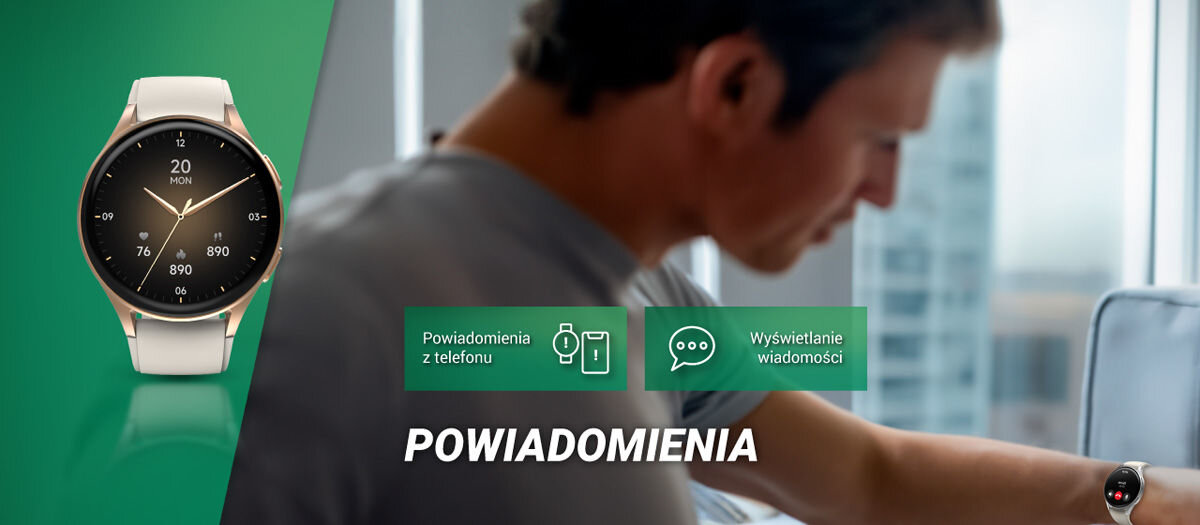 Obraz przedstawia smartwatch z okrągłą tarczą i złoto-beżowym paskiem. Obok widnieje tekst: \'Powiadomienia z telefonu\', \'Wyświetlanie wiadomości\' oraz \'POWIADOMIENIA\'.