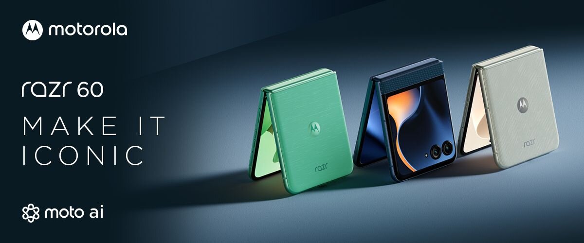 Obraz przedstawia trzy składane smartfony w różnych kolorach, z widocznym logo motorola. Obok znajduje się tekst: \'razr 60 MAKE IT ICONIC moto ai\'.