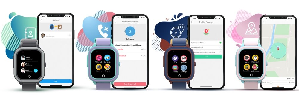 Obraz przedstawia cztery smartwatche z kolorowymi paskami, każdy z wyświetlaczem pokazującym różne aplikacje. Obok każdego zegarka znajduje się smartfon z ekranem prezentującym różne funkcje, takie jak kontakty, połączenia, ustawienia i mapa.