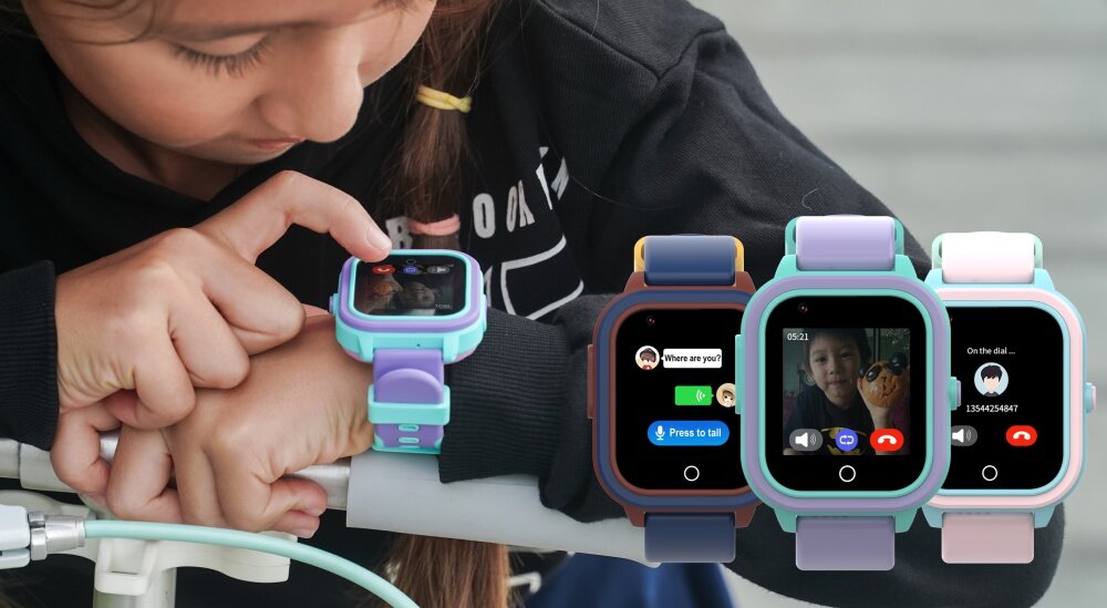 Na obrazie widać dziecko patrzące na smartwatch na swoim nadgarstku, a obok przedstawione są trzy inne smartwatche w różnych kolorach z wyświetlonymi ekranami. Na ekranach widoczne są ikony rozmów wideo i wiadomości tekstowych.