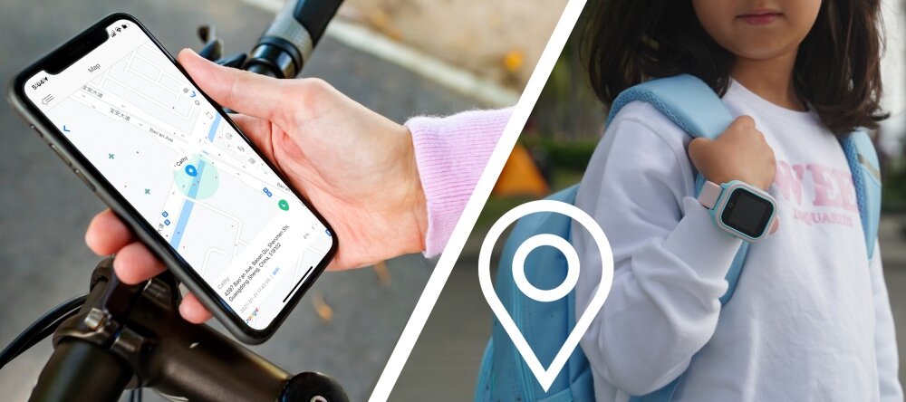 Po lewej stronie osoba trzyma smartfon z wyświetloną mapą, po prawej dziecko z plecakiem nosi niebieski smartwatch na nadgarstku. Na środku znajduje się symbol lokalizacji.