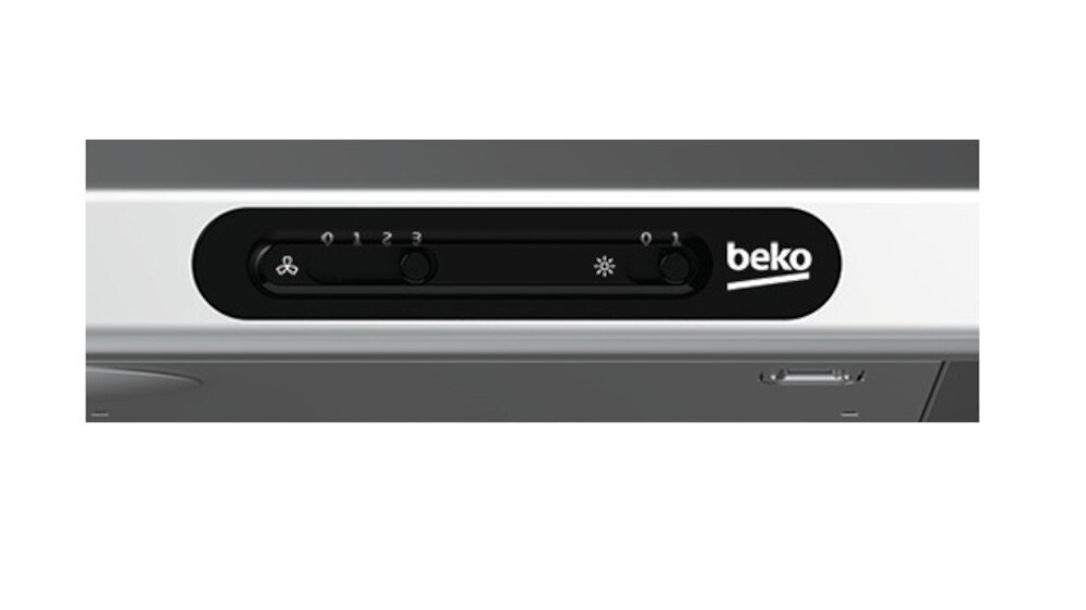 Panel sterowania okapu z logo \'beko\', zawierający pokrętła do regulacji prędkości wentylatora i oświetlenia.
