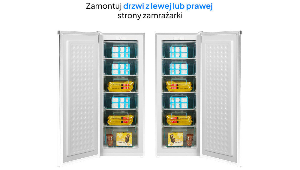 Dwie otwarte zamrażarki szufladowe z widocznymi produktami spożywczymi w środku. Tekst na górze obrazu: \'Zamontuj drzwi z lewej lub prawej strony zamrażarki\'.