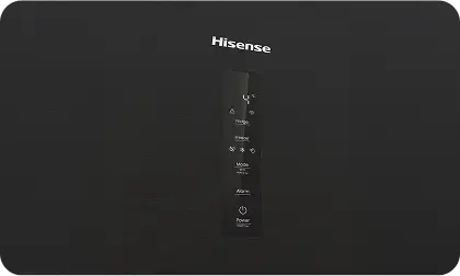 Czarna powierzchnia z logo Hisense oraz panelem sterowania z widocznymi ikonami i tekstem: \'Fridge\', \'Freezer\', \'Mode\', \'Alarm\', \'Power\'.