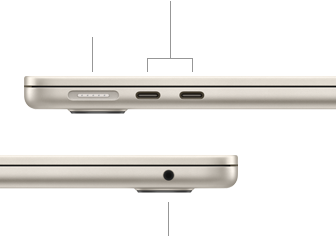 Obraz przedstawia dwa boki laptopa w kolorze jasnym. Widać porty USB-C, gniazdo słuchawkowe oraz otwory wentylacyjne.