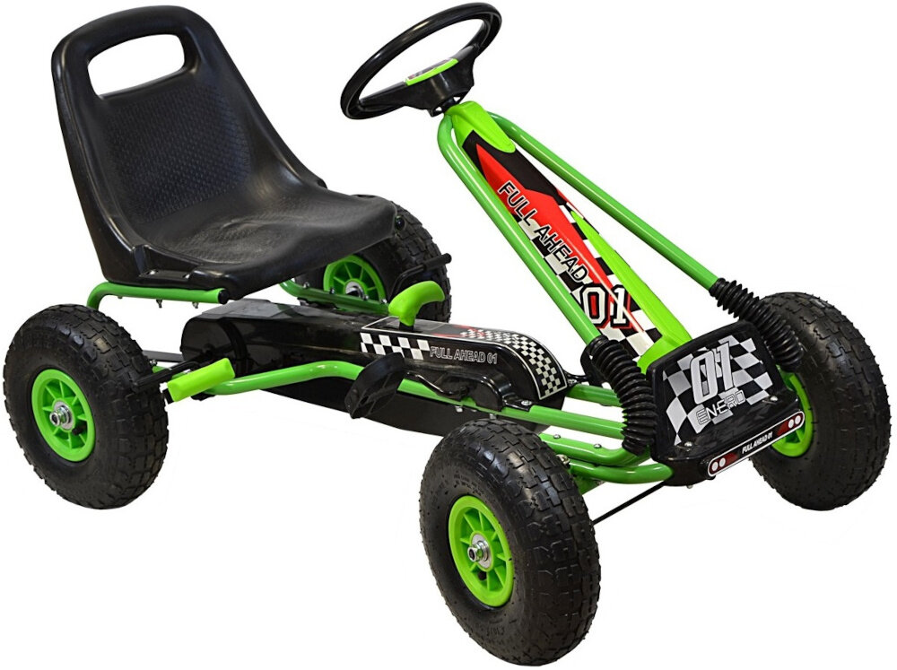 Gokart na pedały ENERO 01 Zielony gokart na białym tle widoczny od przodu pod skosem zabaw nauka rozwój aktywność