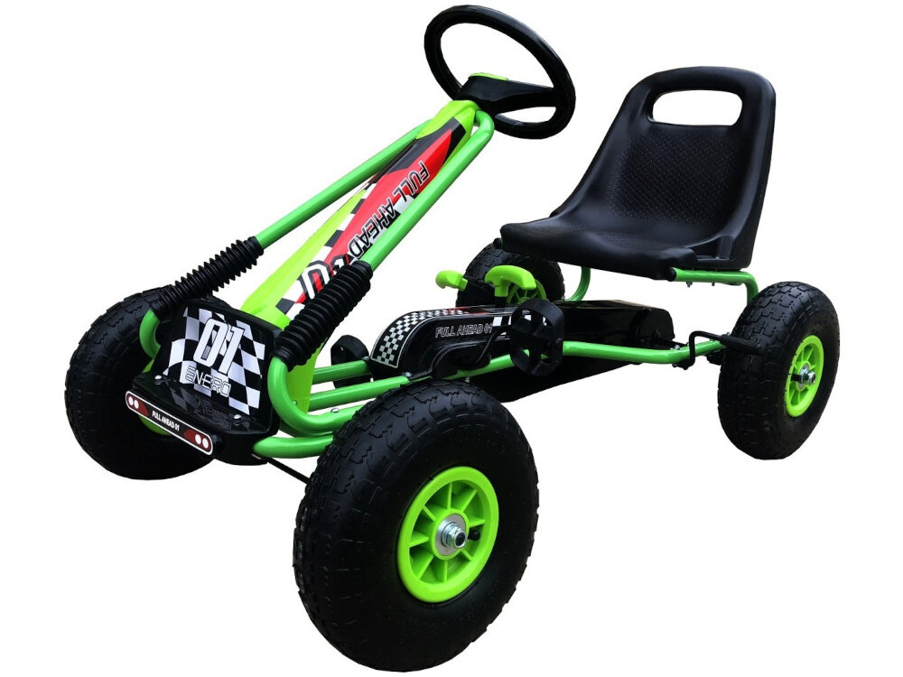 Gokart na pedały ENERO 01 Zielony gokart na białym tle widoczny od przodu pod skosem dla dzieci powyżej 3 roku życia napęd nożny rozwój siły nóg koordynacji ruchowej i równowagi uczy się panowania nad pojazdem zdrowy rozwój fizyczny